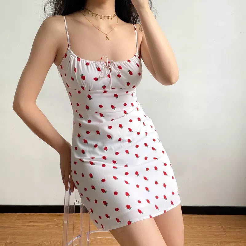 Cute White Strawberry Print Spaghetti Strap Sleeveless Mini Dress Beach Party Summer Aesthetic Casual E-Girl Kawaii Korean Japanese Harajuku