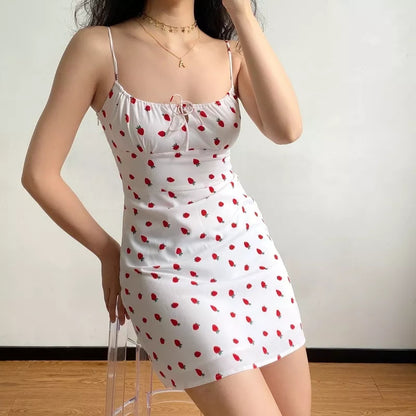 Cute White Strawberry Print Spaghetti Strap Sleeveless Mini Dress Beach Party Summer Aesthetic Casual E-Girl Kawaii Korean Japanese Harajuku