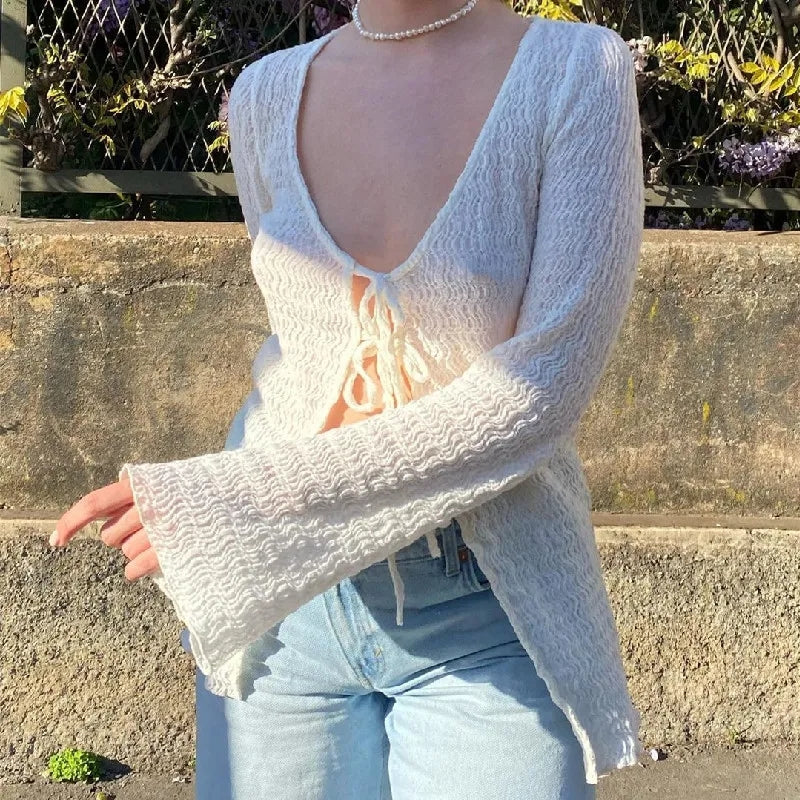 White Lace Up Long Sleeve Flare Cardigan