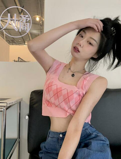 Pink Argyle Knit Tank Top