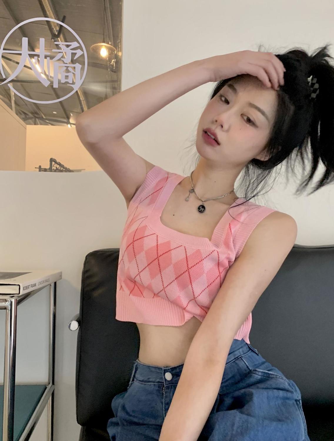 Pink Argyle Knit Tank Top