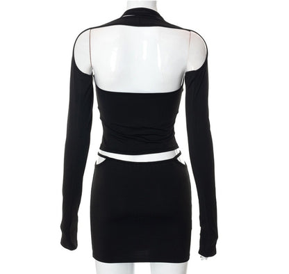 Black Hollow Out Tank Top + Sleeve + Mini Skirt Set