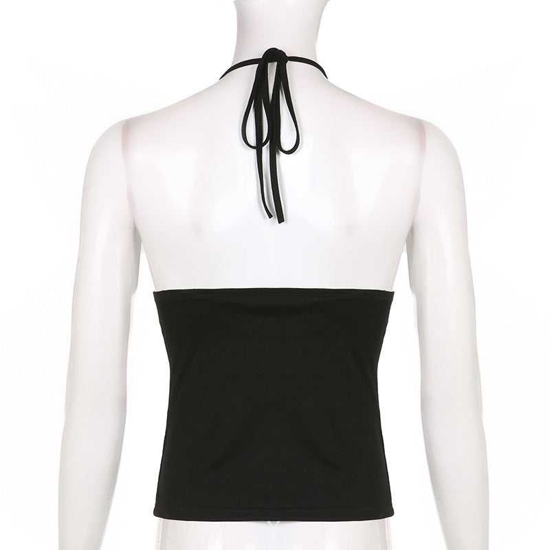 Black Belt Bandage V Neck Backless Halter Top