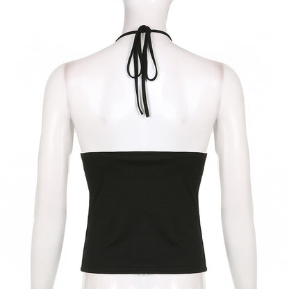 Black Belt Bandage V Neck Backless Halter Top