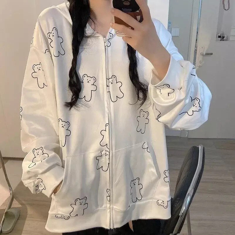 Cute Vintage Butterfly Print Oversize Zipper Hoodie Long Sleeve Pullover Jumper Autumn Aesthetic E-Girl Kawaii Korean Japanese Harajuku Streetwear
