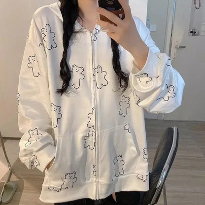 Cute Vintage Butterfly Print Oversize Zipper Hoodie Long Sleeve Pullover Jumper Autumn Aesthetic E-Girl Kawaii Korean Japanese Harajuku Streetwear