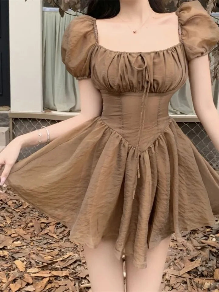 Brown Squares Neck Puff Sleeve Dress