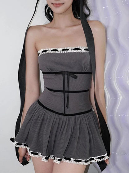 Lace Tie Up Strapless Mini Dress