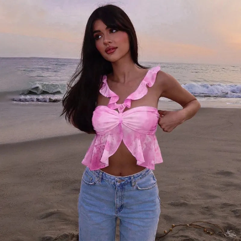 Pink Tie Dye V Neck Ruffle Crop Top