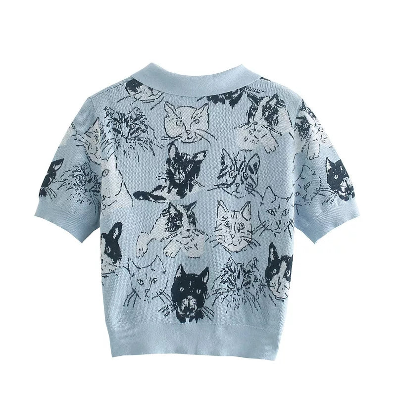 Blue Cat Knit Short Sleeve Shirt