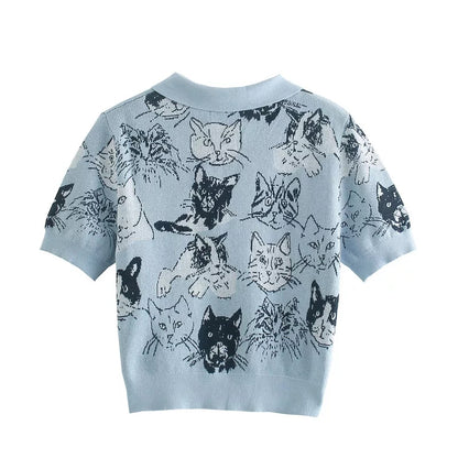 Blue Cat Knit Short Sleeve Shirt