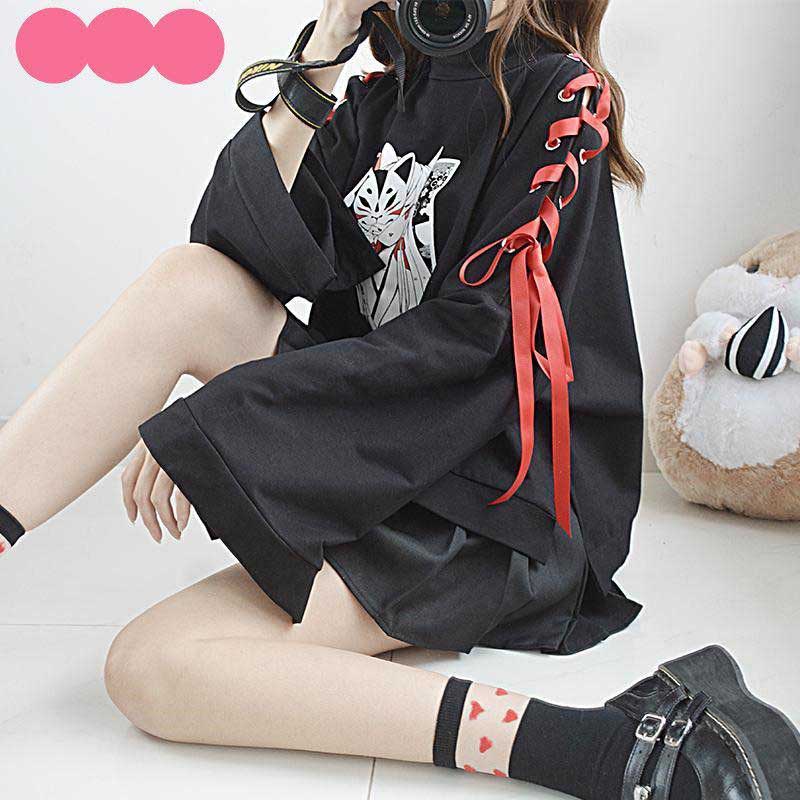 Cute Vintage Anime Fox Print Lace Up Long Sleeve Shirt Hoodie Sweatshirt Top Punk Goth E-Girl Kawaii Korean Japanese Harajuku Streetwear