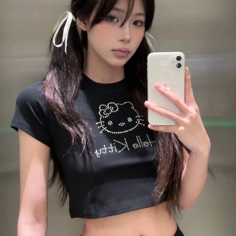 Japanese Cat Rhinestone Crop Top