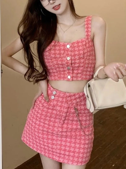2PCS Pink Plaid Tank Top + Denim Mini Skirt