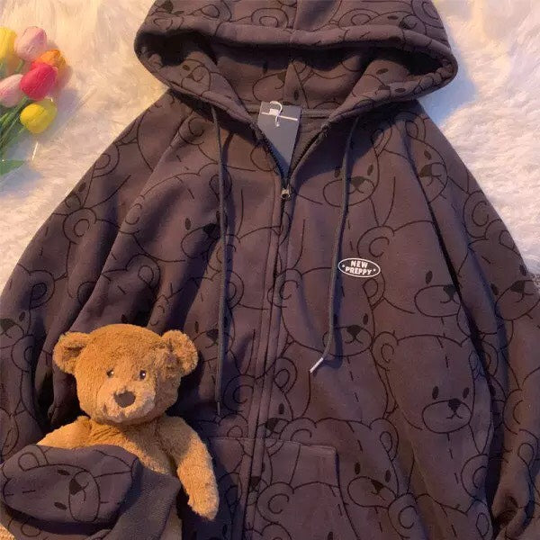 Cute Teddy Brown Bear Oversized Hoodie Zip Up Sweatshirt Sweater Long Sleeve Jumper Pullover E-Girl Kawaii Korean Japanese Harajuku Streetwear