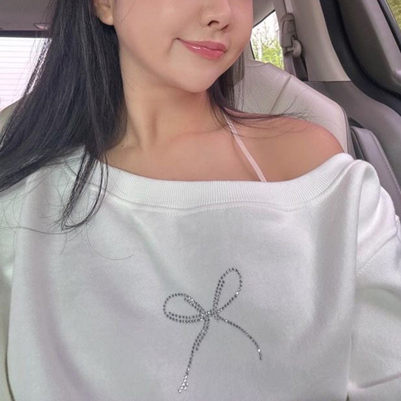 Bow Rhinestone Off Shoulder Sweater
