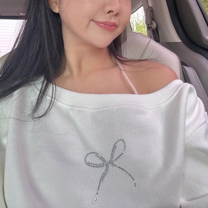 Bow Rhinestone Off Shoulder Sweater