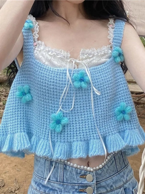 Blue Floral Knit Vest Tank Top
