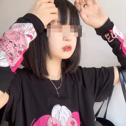 Cute Black Punk Goth Anime Girl Cartoon Print Short Sleeve Shirt Oversized Loose T-shirt Tee Top E-Girl Kawaii Korean Japanese Harajuku Streetwear