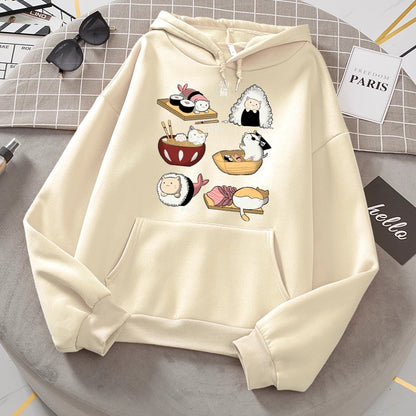 Cute Cat Sushi Cartoon Print Oversized Hoodie Fleece Sweatshirt Pullover Aesthetic Casual E-Girl Kawaii Korean Japanese Harajuku
