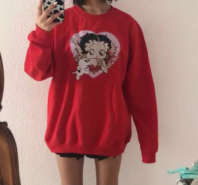 Cute 80s 90s Red Heart Vintage Cartoon Girl Long Sleeve Shirt Hoodie Pullover Sweatshirt Casual E-Girl Kawaii Korean Japanese Harajuku Streetwear