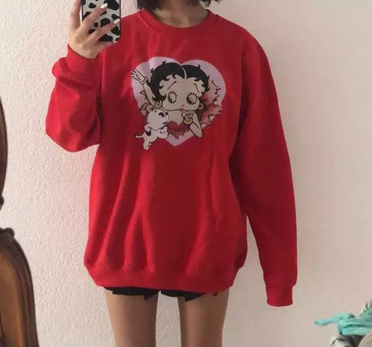 Cute 80s 90s Red Heart Vintage Cartoon Girl Long Sleeve Shirt Hoodie Pullover Sweatshirt Casual E-Girl Kawaii Korean Japanese Harajuku Streetwear