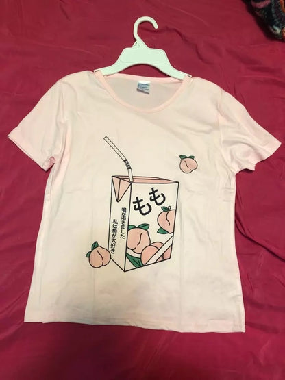 Cute Pink Peach Milk Carton Pastel Print Short Sleeve Shirt Tee T-shirt E-Girl Kawaii Korean Japanese Harajuku Retro Streetwear Aesthetic