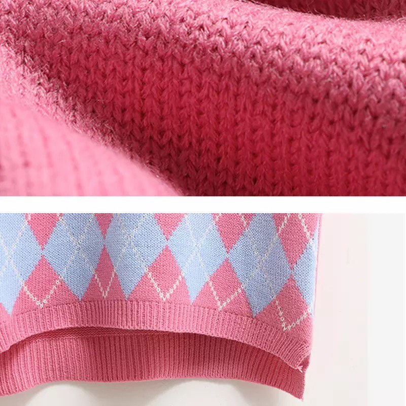 Cute Argyle V Neck Sleeveless Vest Knit Sweater Pullover Jumper Tank Top Autumn Aesthetic E-Girl Kawaii Korean Japanese Harajuku Streetwear