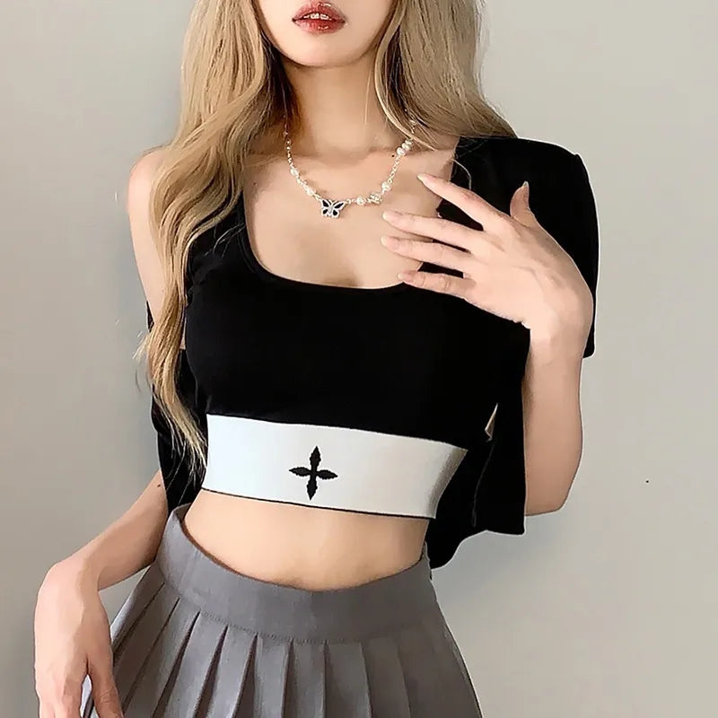 Black Punk Square Collar Short Sleeve Shirt