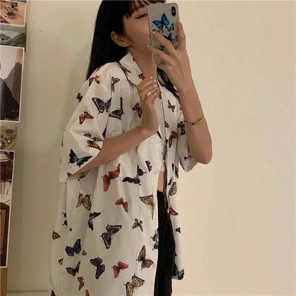 Cute Vintage White Butterfly Print Button Up Pocket Blouse Short Sleeve Shirt Top Loose Aesthetic E-Girl Kawaii Korean Japanese Harajuku Streetwear