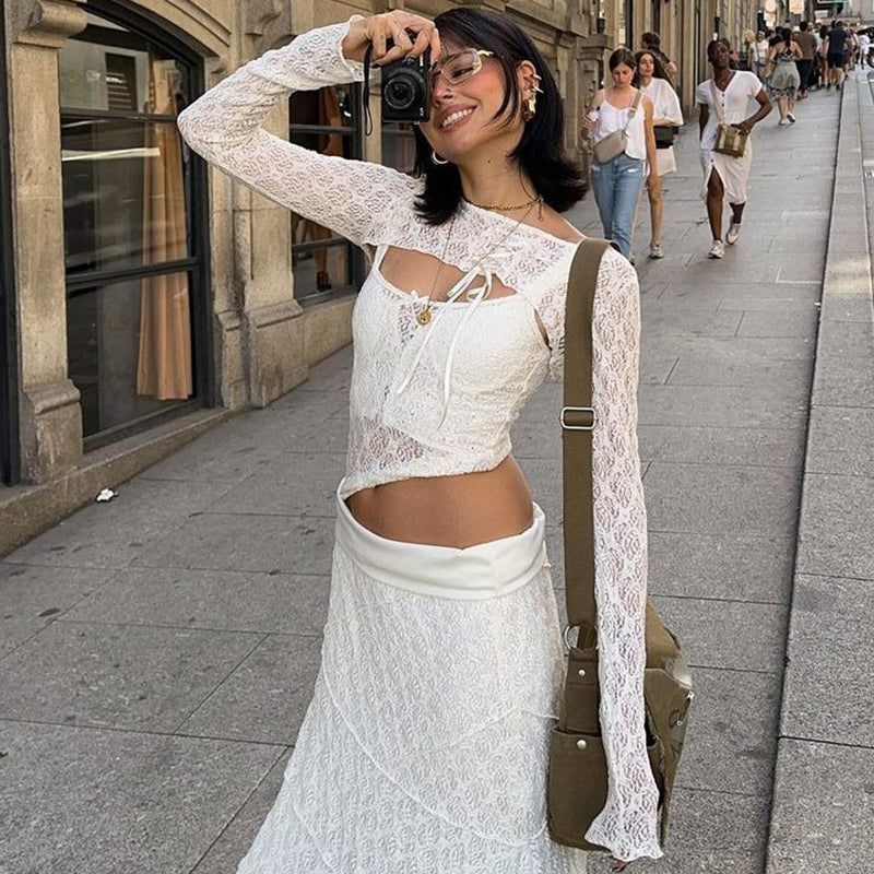 White Mesh Lace Long Sleeve Shirt