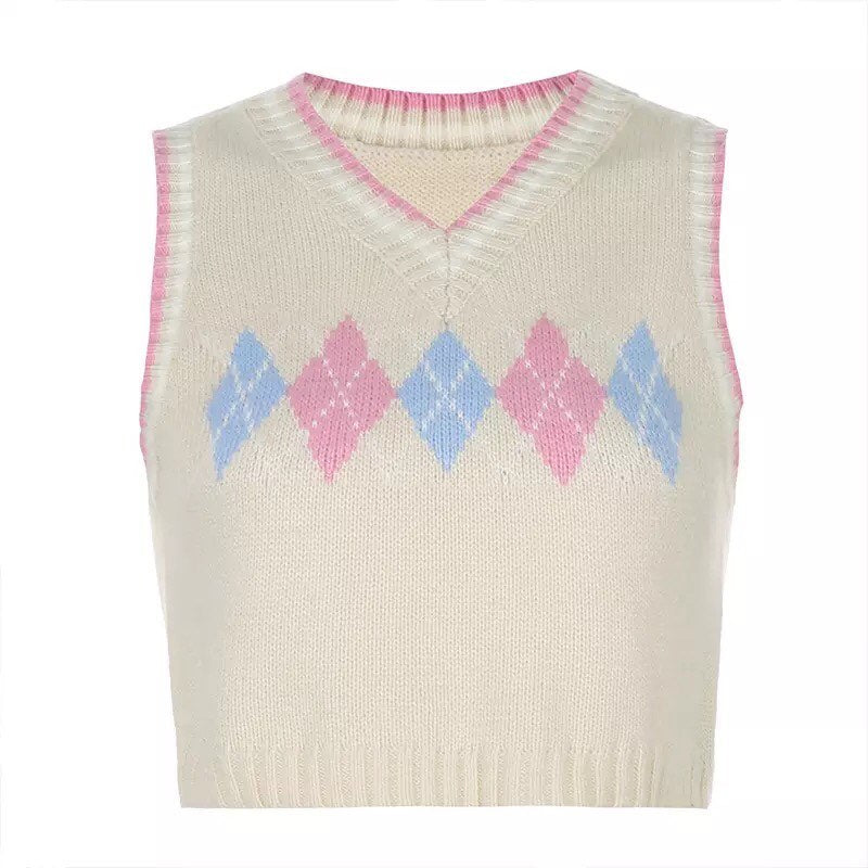 Cute Argyle Plaid Sleeveless V Neck Knit Sweater Sweatshirt Preppy Crop Top Pullover Aesthetic E-Girl Kawaii Korean Japanese Harajuku Streetwear
