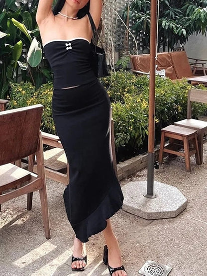 2PCS Black Lace Patchwork Tube Top + Maxi Irregular Skirt