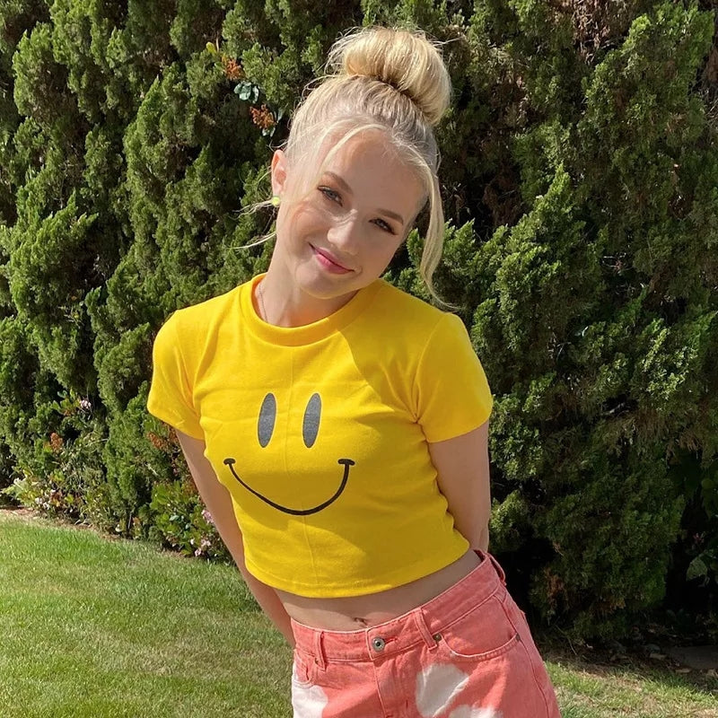 Cute Yellow Happy Smile Face Cartoon Print Short Sleeve Shirt Crop Top Summer Aesthetic Casual E-Girl Kawaii Korean Japanese Harajuku