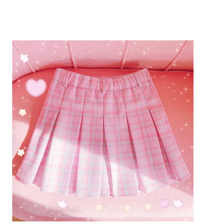 Pink Heart Plaid High Waisted Tennis Skirt Aesthetic Casual E-Girl Kawaii Korean Japanese Harajuku
