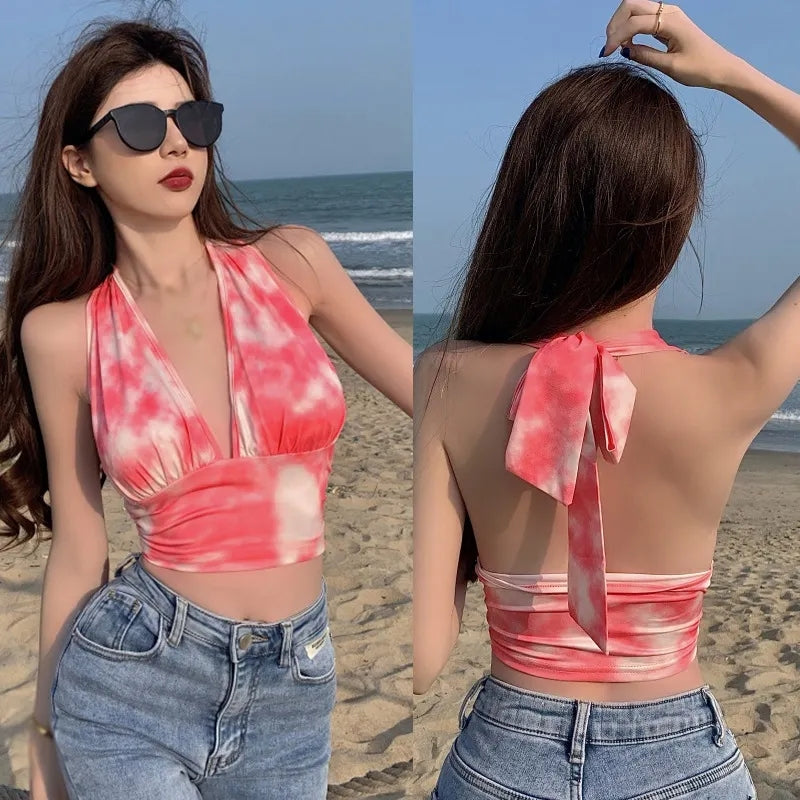 Red Tie Dyed V Neck Halter Top
