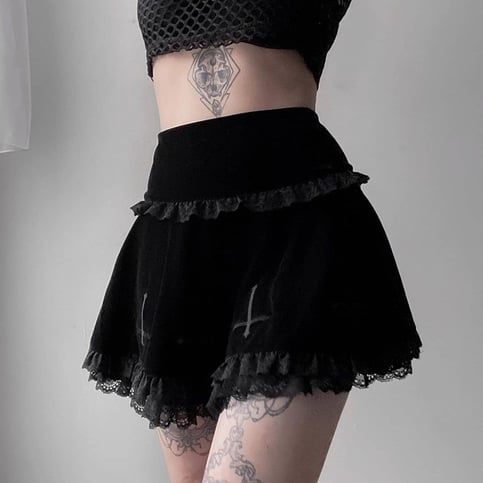 Cute Sexy Goth Black Cross Skirt Vintage Lace Trim A-Line Grunge Punk High Waist Ruffle Summer E-Girl Kawaii Korean Japanese Harajuku Streetwear