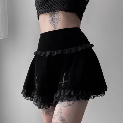 Cute Sexy Goth Black Cross Skirt Vintage Lace Trim A-Line Grunge Punk High Waist Ruffle Summer E-Girl Kawaii Korean Japanese Harajuku Streetwear