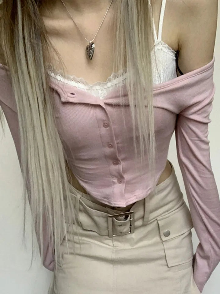 Pink Lace Patchwork Button Crop Top