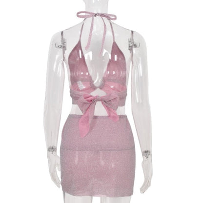 Cute Sexy Glitter Camisole + High Waist Mini Skirt Suit Backless Summer Aesthetic Casual E-Girl Kawaii Korean Japanese Harajuku