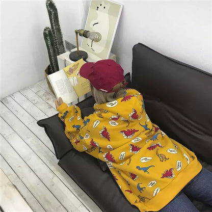 Funny Dinosaur Cartoon Print Vintage Baggy Oversized Loose Hoodie Pullover Sweater Sweatshirt Jumper E-Girl Kawaii Korean Japanese Harajuku Streetwear