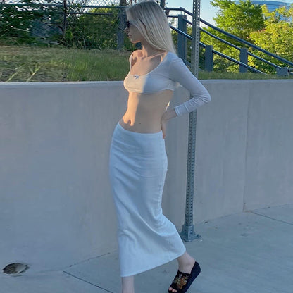 2PCS White Rose Long Sleeve Crop Top + Maxi Skirt