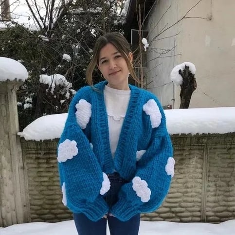 3D Blue Cloud Crochet Cardigan Sweater