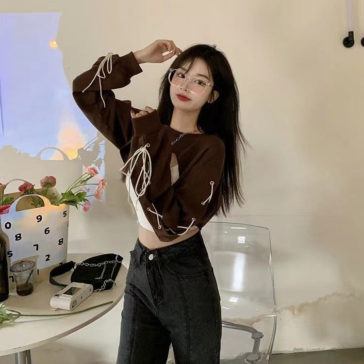 Brown Lace Up Crop Top