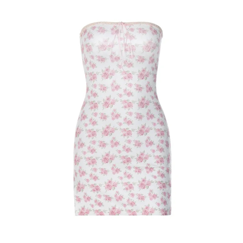 Pink Floral Ribbon Tie Up Off Shoulder Mini Dress