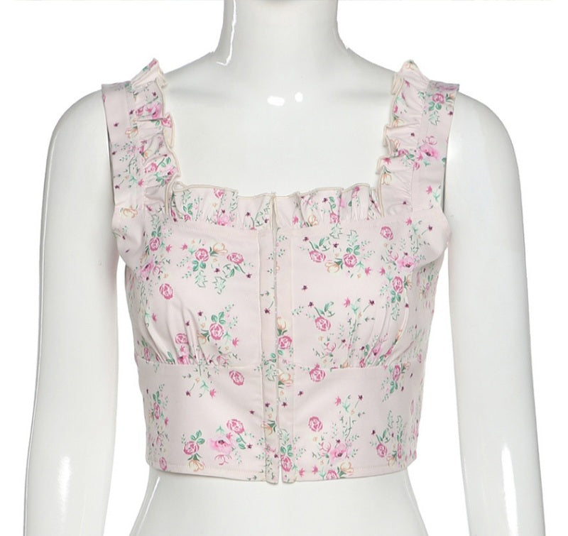 Floral Print Ruffle Button Up Bustier Crop Top