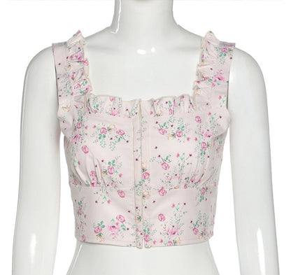 Floral Print Ruffle Button Up Bustier Crop Top