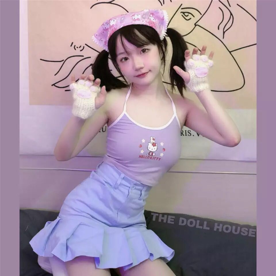 Cute Vintage Cat Kitten Cartoon Print Aesthetic Sleeveless Shirt Crop Top Tank Camisole Casual E-Girl Kawaii Korean Japanese Harajuku Streetwear