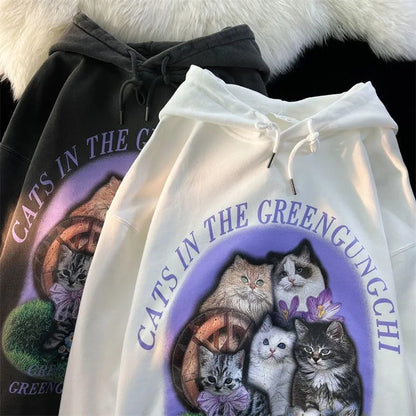 Purple Flower Kitten Print Oversized Hoodie