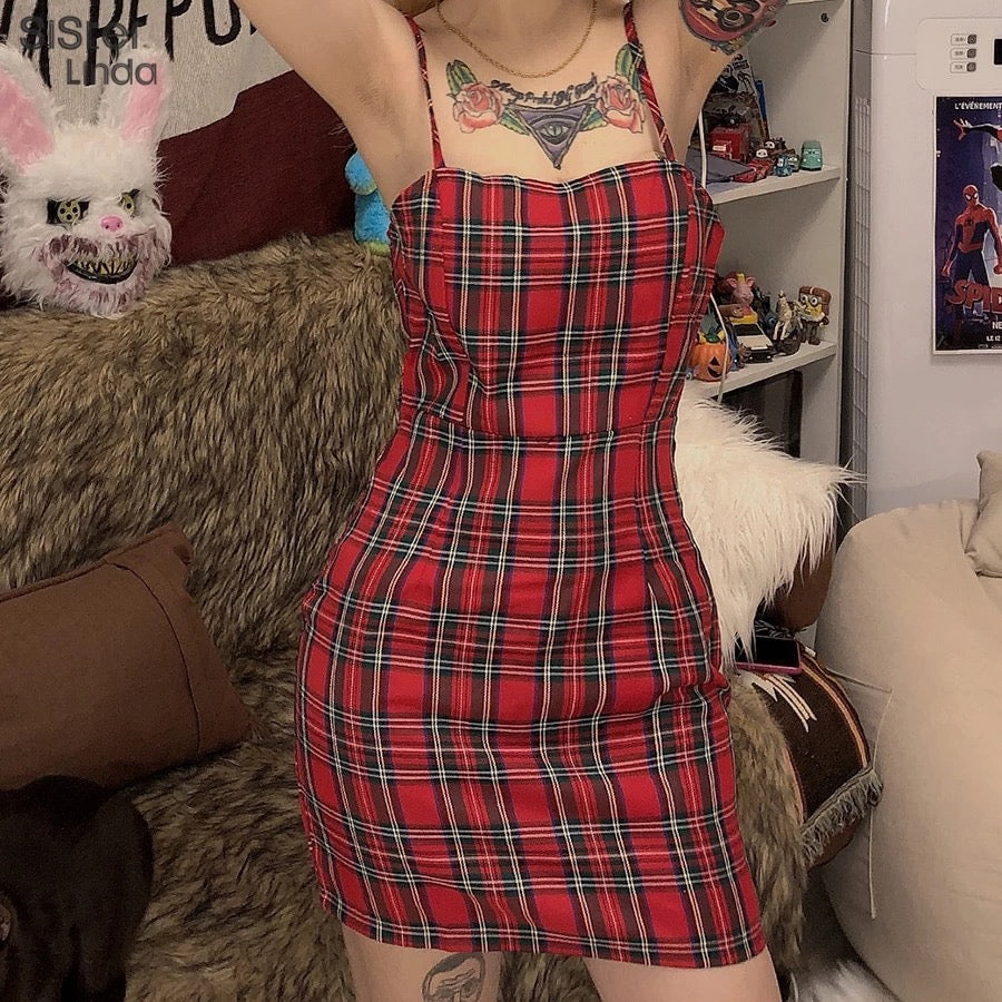 Cute Sexy Red Plaid Checkered Mini Dress Party Bodycon E-Girl Kawaii Korean Japanese Harajuku Chinese Retro Streetwear Aesthetic